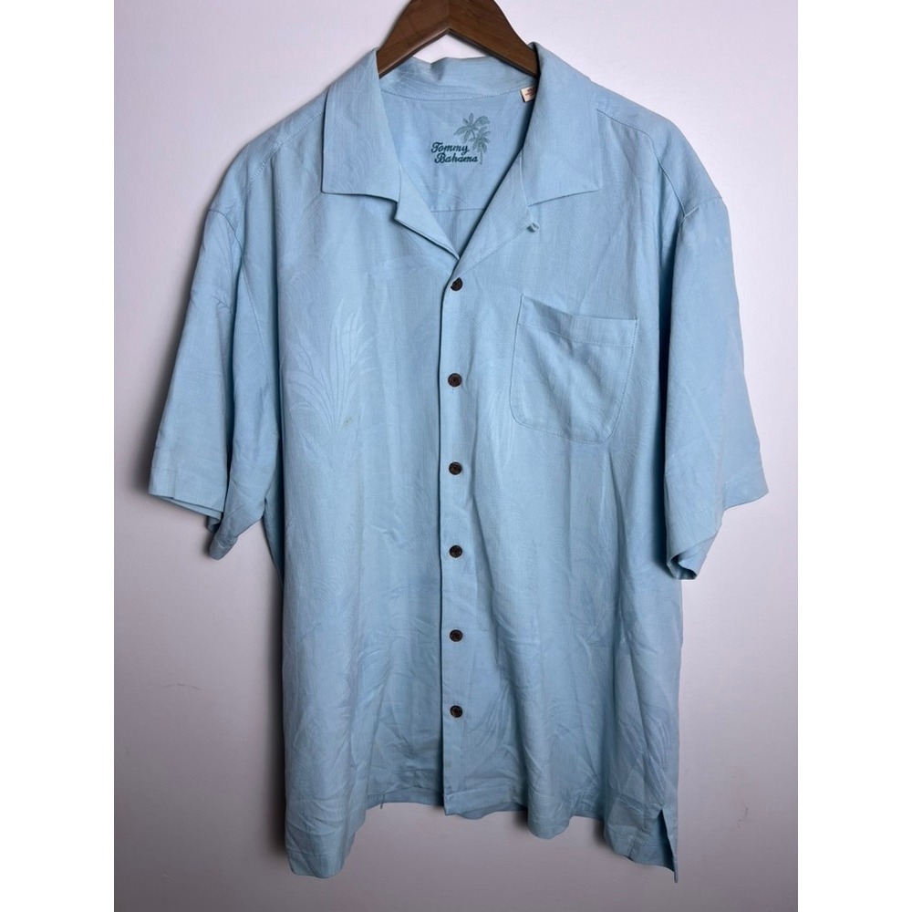 Tommy Bahama Men XL Silk Camp Shirt Light Blue Tropical Palm Jacquard‎ Button Up
